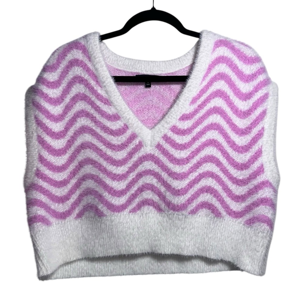 Kendall + Kylie Small Pink White Fuzzy‎ Chevron V Neck Short Sweater Y2K Preppy